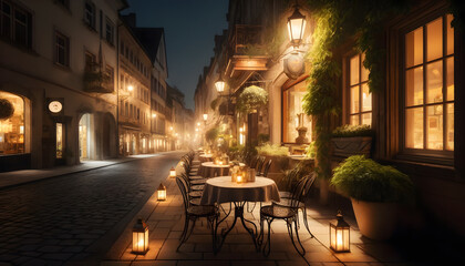 Idyllic Outdoor Café: Quiet Night Street with Lantern-Lit Tables and Vintage Charm