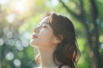 Naklejka premium portrait asian woman white shirt side view looking at sky, outdoors with trees in the background