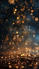 Obraz premium Golden glittering bokeh lights in front of a dark, blurry background, creating a festive and magical atmosphere.