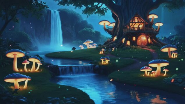 The breathtaking view of the bioluminescent mushroom-surrounded treehouse and the beauty of the waterfall, 4kseamless looping 4k animation video background 