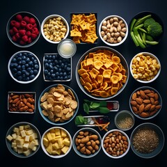 Obraz premium various types of snacks are arranged in bowls on a black background
