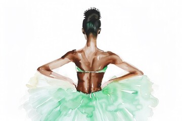 Fototapeta premium Delicate watercolor illustration unfolds against a pristine white background: A ballerina with dark skin, wearing a mint green tutu, poses elegantly with her back turned