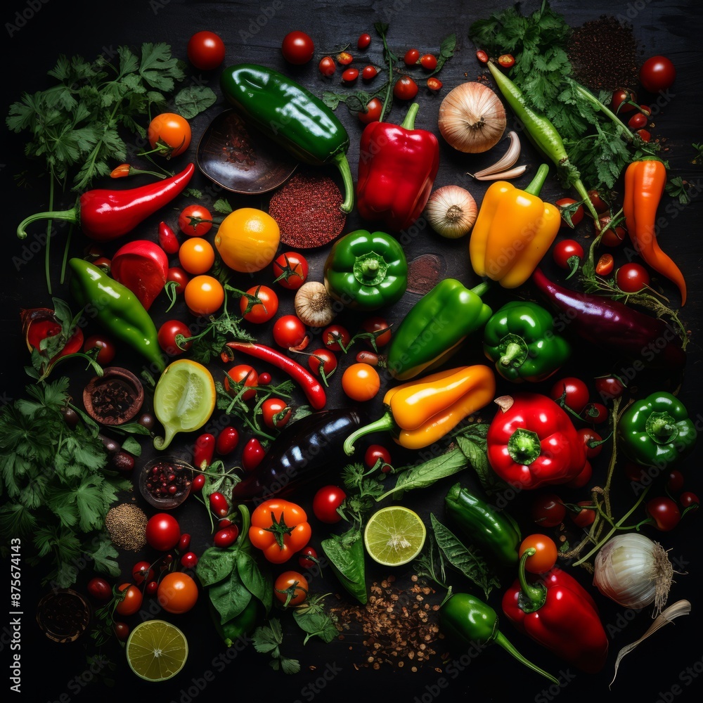 Canvas Prints various vegetables and peppers on a black background