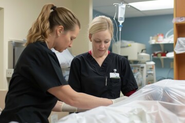 Two Nurses Working Together in a Hospital Room