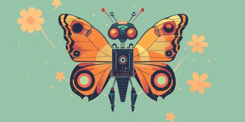 Futuristic Robotic Butterfly Illustration: A Flat Vector Design Symbolizing Technology's Fusion with Nature's Elegance.