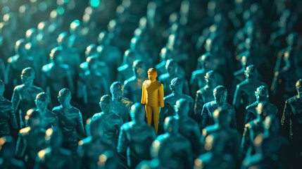 Obraz premium Unique person in yellow among blue plasticine figures, hyper realistic