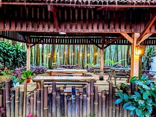 Obraz premium tables and chairs in a forest restaurant