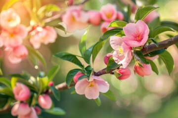 Obraz premium Pink Flowers Blooming on a Branch in Springtime
