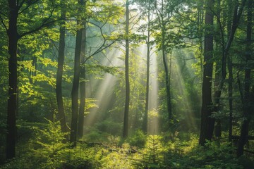 Obraz premium Sunlight Streaks Through Dense Forest