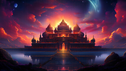 Obraz premium A grand and ornate palace stands majestically against a backdrop of fiery orange and purple clouds.