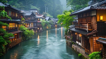 Obraz premium Traditional Japanese wooden houses line a serene canal, surrounded by lush greenery and softly illuminated by lanterns.