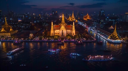 Obraz premium A stunning night view of illuminated temples and bustling waterways in Thailand.