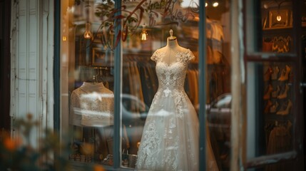 Fototapeta premium Stunning bridal gown showcased in the window of a shop, its delicate fabric illuminated by gentle, warm light
