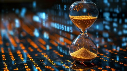 Hourglass with Digital Numbers Background, Ideal for Time Management and Technology Concepts