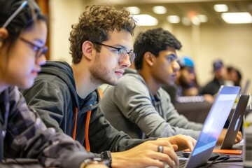 In a modern office, young professionals work on laptops, emphasizing productivity and teamwork for business success AIG62