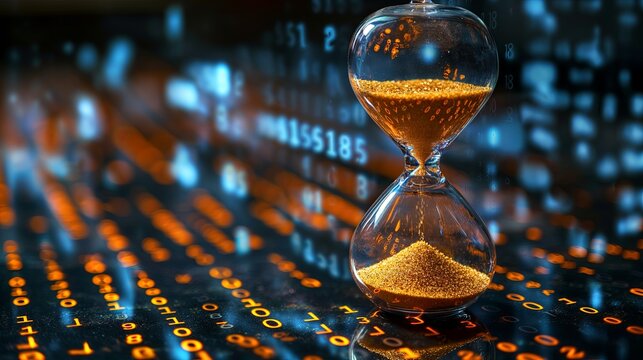 Hourglass with Digital Numbers Background, Ideal for Time Management and Technology Concepts