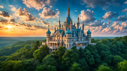 Fototapeta premium A majestic castle perched atop a lush forest, bathed in the warm glow of a setting sun.