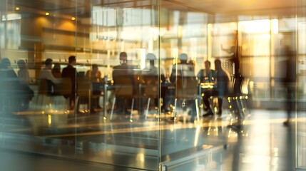 Dynamic Business Meeting in Modern Office with Blurred Professionals and Natural Light