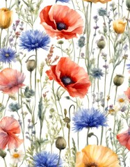 Fototapeta premium wrapping botanical fabric drawn print rbs seamless cornflower summer poppy pattern hand other wallpaper wildflower wildflowers watercolor wallpapers spring chamomile designs floral