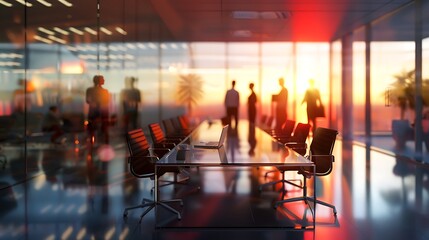 Dynamic Business Meeting in Contemporary Office Setting with Blurred Figures in Bright Atmosphere