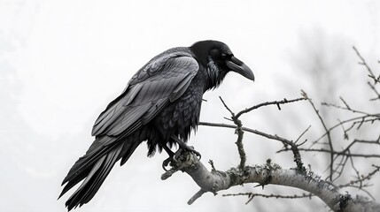 Fototapeta premium Raven Perched on a Tree Branch in Winter