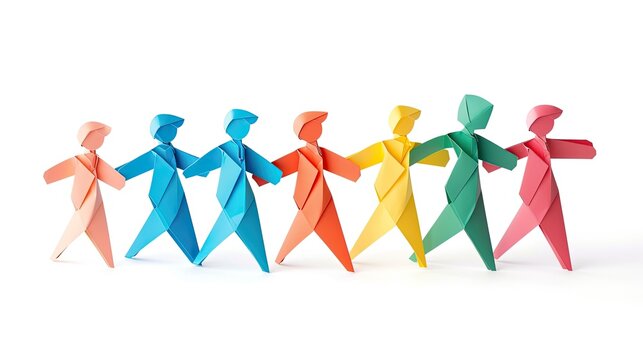 people cooperate walking to the same direction as a team concept, teamwork paper origami
