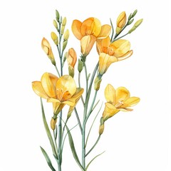 Fototapeta premium A gentle watercolor yellow freesia with slender stems isolated on white