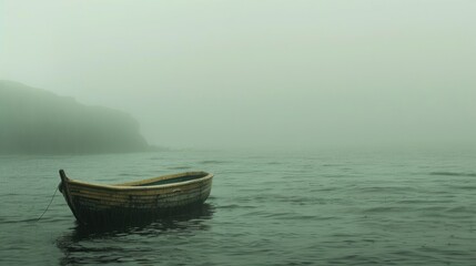 The wooden boat is a lone traveler on the ocean's expanse, its form hazy in the foggy, rain-draped surroundings