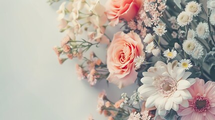 Dreamy Pastel Bouquet: Creative Flat Lay Composition with Delicate Flowers in Wide Frame View