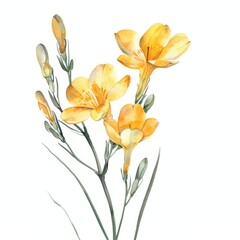 Fototapeta premium A gentle watercolor yellow freesia with slender stems isolated on white