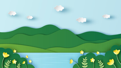 Swamp landscape with flowers. Spring natural landscape. paper cut and craft style. vector, illustration.