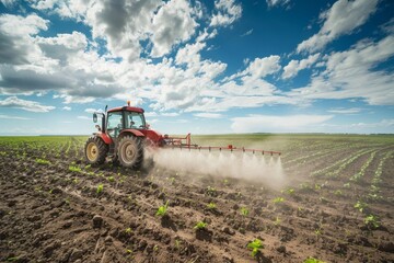 Fototapeta premium Tractor Spraying Crops on a Sunny Day