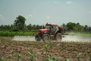 Red Tractor Spraying Crops in a Field