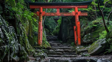 Torii gate gracefully positioned beside a rugged, rocky terrain