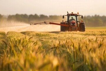 Naklejka premium Red Tractor Spraying a Field of Wheat