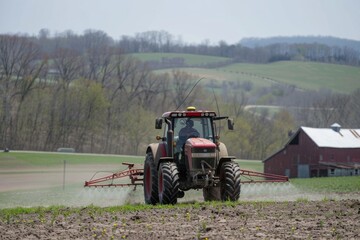 Obraz premium Red Tractor Spraying Crops in a Field