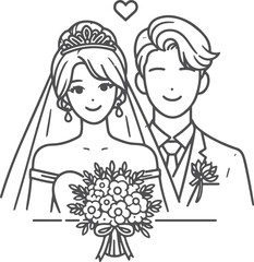 Continuous one line drawing of a wedding couple Vector illustration.