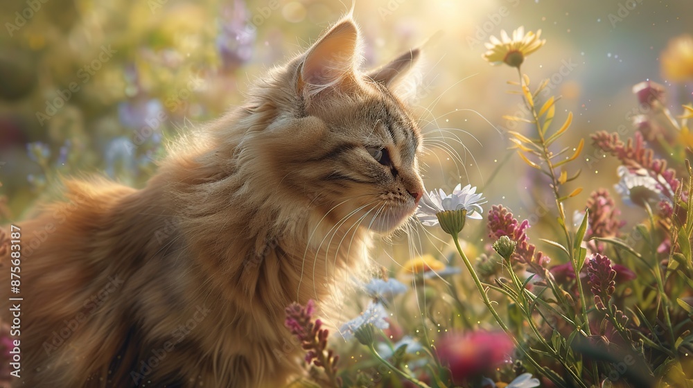 Sticker a ginger cat in a field of flowers