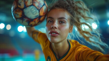  Female Soccer Player Holding Ball in Stadium, Perfect for Sports and Athletic Promotions
