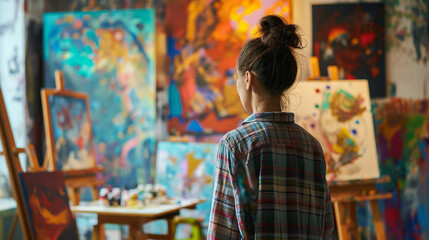 A Deaf artist painting in a studio with vibrant colors with copy space