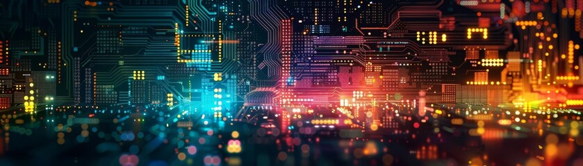 Obraz premium Futuristic cityscape at night with neon lights and blurred motion highlighting the vibrant energy of a modern urban environment.