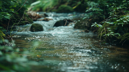 A clear, flowing river surrounded by dense vegetation with copy space