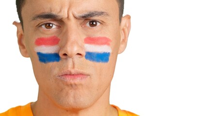 Serious man with a dutch flag painted on the face