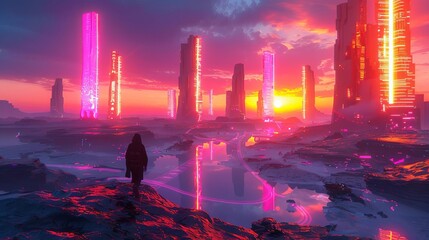 Obraz premium Futuristic neon landscape with glowing skyscrapers and colorful sunset. A silhouette stands on rocky terrain reflecting vibrant colors.