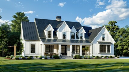 Charming house with white siding and black roof and blue sky