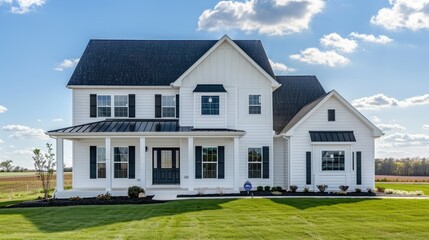 Charming house with white siding and black roof and blue sky