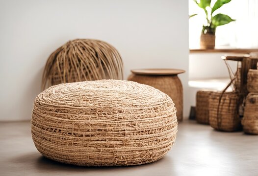 rafia eco background boho interior cushion bohemian tropical interior olated modern pouf design pillow tropical straw cushion style pouf white bohemia scandinavian bohemian details