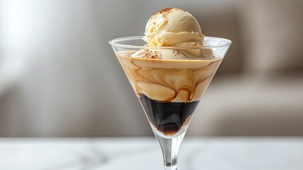 Coffee affogato with vanilla ice cream in an elegant cocktail glass on white