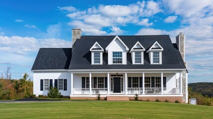 Picturesque house with white siding and black roof against a blue sky
