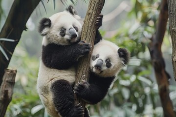 Obraz premium Two Playful Pandas Climbing a Tree